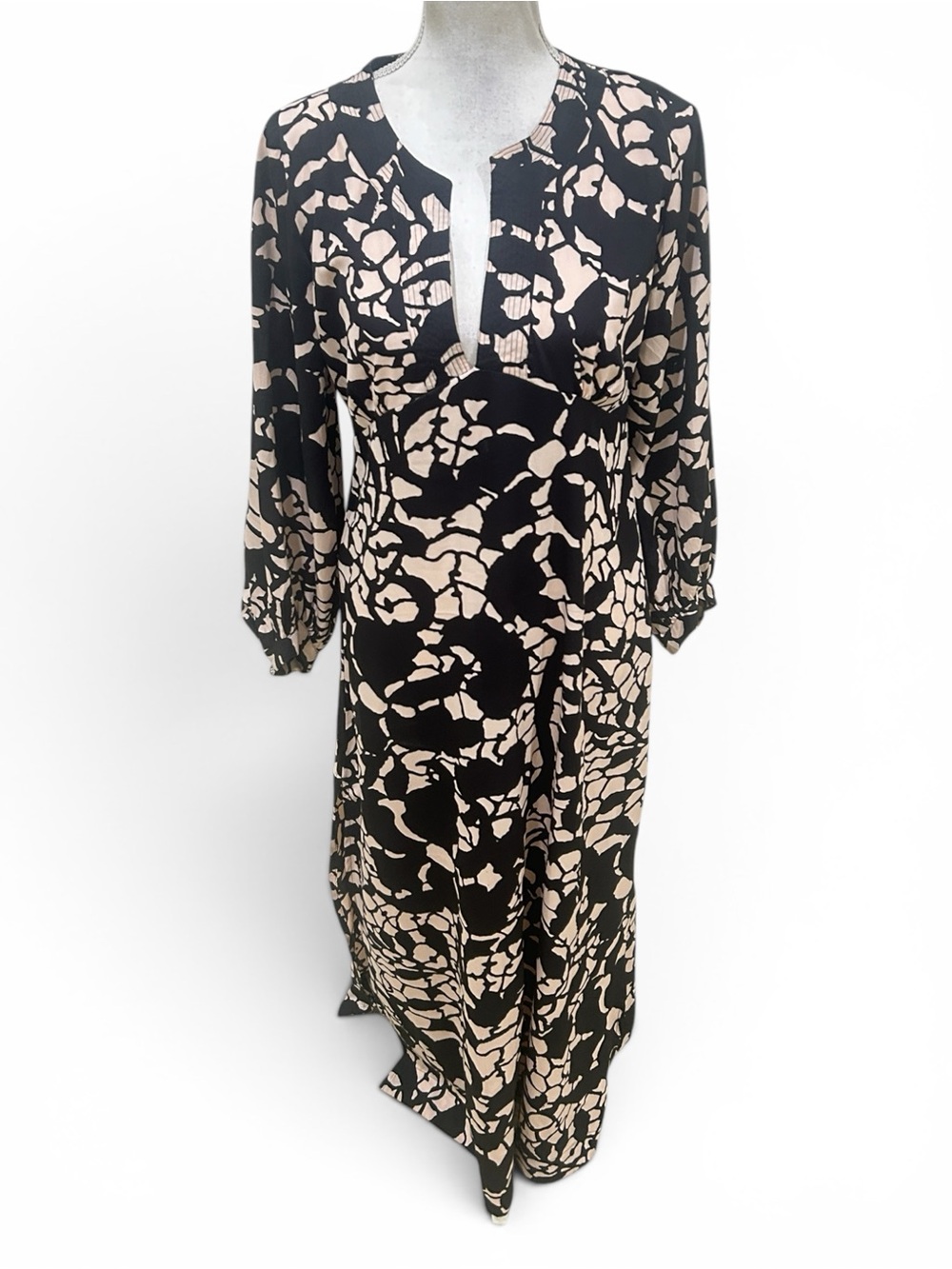 Lido Black & Blush Printed Maxi Dress Long Sleeve split neck high slit medium